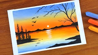 Simple Oil pastel Sunset Landscape Painting for beginners  Oil Pastel Drawing [upl. by Edson154]