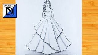 How to Draw Easy Girl with Beautiful Dress  Pencil Sketch for beginner  Easy Girl Drawing Tutorial [upl. by Zephaniah]