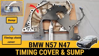 BMW N57 N47 timing chain cover amp sump installation F10 F11 F01 F30 F32 730d 530d 330d 520d 320d X5 [upl. by Riek406]