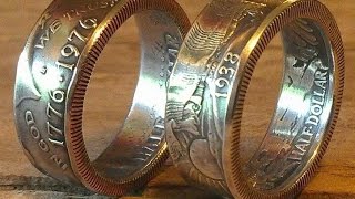 How to make double sided half dollar coin rings walking liberty Franklin JFK Barber etc [upl. by Ynalem]