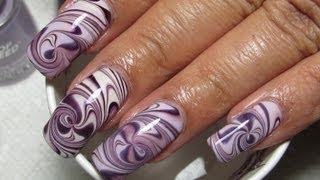 Purple Spiral Water Marble Nail Art Tutorial [upl. by Salokcin]