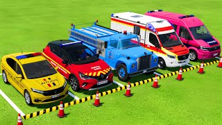 TRANSPORTING POLICE CARS AMBULANCE FIRE DEPARTMENT WITH SCANIA TRUCKS  Farming Simulator 22 [upl. by Erickson]