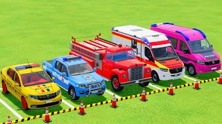 TRANSPORTING POLICE CARS FIRE DEPARTMENT AMBULANCE VEHICLES WITH MAN TRUCKS  Farming Simulator 22 [upl. by Stillmann533]