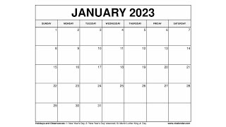 Printable January 2023 Calendar Templates with Holidays  VL Calendar [upl. by Seuqram6]