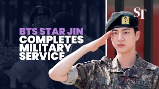 South Koreas BTS star Jin completes military service greeted by bandmates [upl. by Ahsaten]