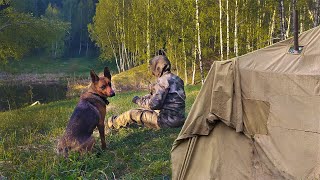 Day 1  Spring forest tent camp by the lake wood stove hearty dinner with a dog [upl. by Narah]