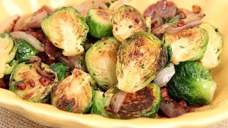 Brussels Sprouts with Onions amp Pancetta Recipe  Laura Vitale  Laura in the Kitchen Episode 846 [upl. by Aivekal]