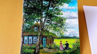 Acrylic Painting  House and couple under Tree  Landscape Scenery art drawing how diy easy [upl. by Nelak]