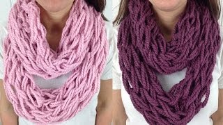 30 Minute Arm Knit Infinity Scarf Cowl with Lion Brand Wool Ease  Left Handed [upl. by Adiari599]