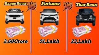 Comparison Video  Range Rover VS Fortuner VS Thar Roxx 🔥👑🚘  Car Comparison💪 Best car India 🇮🇳 [upl. by Durnan109]