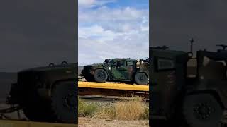 Group of Dark Green Camouflaged US 🇺🇸 Army Armored Military Vehicles being transported by Train [upl. by Flo]