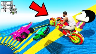 FRANKLIN TRIED IMPOSSIBLE COLOURFUL ROAD MEGA RAMP PARKOUR JUMP CHALLENGE GTA 5  SHINCHAN and CHOP [upl. by Osnofedli]