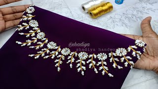 Hand embroidery neck design with silk thread long french knothand embroidery neckline tutorial [upl. by Hillell236]