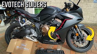 EVOTECH CRASH SLIDERS INSTALL  HONDA CBR650R ENGINE SLIDERS amp SPINDLE [upl. by Nayrda494]