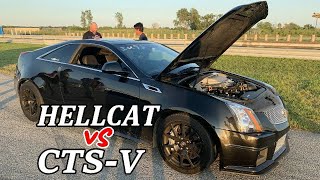 Stock 2016 Hellcat Challenger vs Modded 2012 Cadillac CTSV 40 MPH Roll Race Ice Cream Cruise Racing [upl. by Milena269]