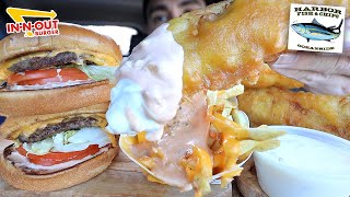 MUKBANG EATING IN N OUT SAUCY ANIMAL STYLE FRIES DOUBLE CHEESEBURGERS CRISPY FISH amp CHIPS ASMR [upl. by Carnay]