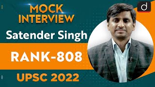 Satender Singh Rank 808  UPSC CSE 2022  English Medium  Mock Interview  Drishti IAS English [upl. by Adnorat]