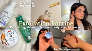 Removing tan at home ☀️ Exfoliation Routine 🫧 Face Body amp Scalp 💗💆🏻‍♀️strawberry skin amp texture 🧤 [upl. by Squier]