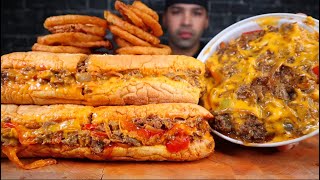 ASMR CHEESY PHILLY CHEESESTEAK PHILLY CHEESESTEAK POUTINE AND ONION RINGS MUKBANG [upl. by Saxe]