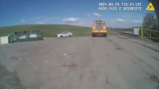 Watch  Driver flees police in construction vehicle [upl. by Christan751]