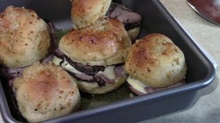 Garlic Knot Sliders with Roast Beef Cheese and Horseradish Sauce [upl. by Phare77]