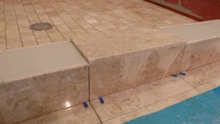 Part quot5quot How to tile shower curb amp measure all cuts to shower floor amp main bathroom floor DIY [upl. by Ailiec379]