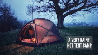 Solo Camping in the Rain with a Huge Hot Tent  Wood Stove Cooking [upl. by Rox]