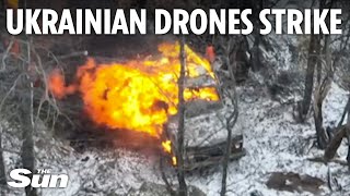 Ukrainian kamikaze drones blow up fleeing Russian camouflaged vehicle [upl. by Nathanil576]