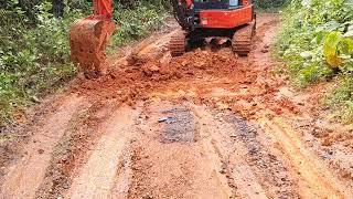 Dirty mud road work during monsoon miniexcavator kubotau30 jcb kubotaexcavator [upl. by Xantha969]