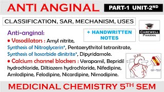 Anti anginal drugs complete  Chapter 1 Unit 2  medicinal chemistry 5th semester  Carewell [upl. by Pitchford349]