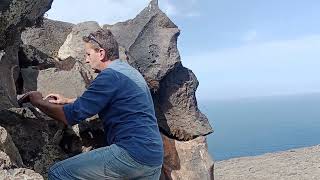 ROCK ART Mario demonstrates the properties of Phonolite Soundstone on El Hierro Island [upl. by Ellebanna]