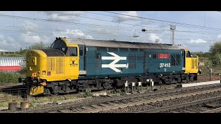 Trains at Warrington Bank Q includes 37418 in BR Large logo and trio of west Coast class 47s [upl. by Anisirhc]