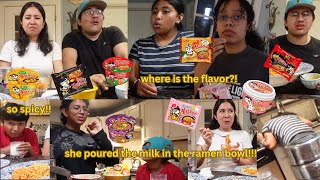 MEXICANS try EVERY SPICY Buldak ramen  SO SPICY she poured MILK in the RAMEN bowl [upl. by Kelula16]