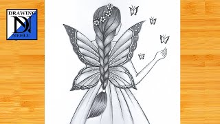 How to draw a Girl with Butterfly wings  Pencil sketch for beginner  Easy drawing  Drawing [upl. by Olegna38]