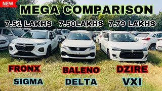 Dzire Facelift 2024 Vxi vs Baleno Delta vs Fronx Sigma  Detail Comparison 🔥 [upl. by Lativa319]