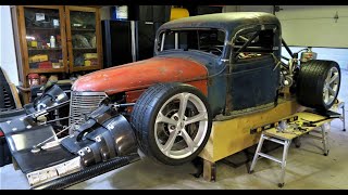 37 Chevy Midengine Truck Twin Turbo Race Rod  Hood hinges and Front Wing Mounts 11 [upl. by Desdemona]