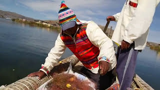 Expert Fishing on Totora Grass Boats Lake Titicaca Uros Floating Islands  Puno Peru [upl. by Heda]