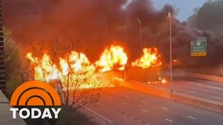 Stretch of I95 in Connecticut remains closed after fiery crash [upl. by Hulbert]