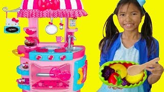 Wendy Pretend Play w Hello Kitty Kitchen ampTea Party Kids Food Toys [upl. by Ydnab]