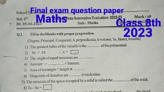 Final exam question paper  Class 8th Maths  2023 [upl. by Enywtna911]