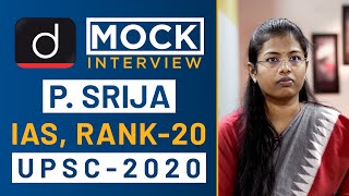 P Srija Rank  20 IAS  UPSC 2020  Mock Interview I Drishti IAS English [upl. by Ellerehs]