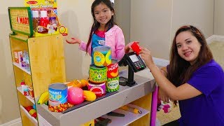 Emma Pretend Play Shopping with Giant Grocery Store Super Market Toy [upl. by Intyre492]