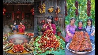 農村吃貨消滅10斤河鮮火鍋、烤豬排、香辣龍蝦Rural girl eats 10 pounds of carp hot pot grilled pork chops spicy lobster [upl. by Anilosi]