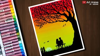 Couple Sunset scenery drawing with Oil Pastels  step by step [upl. by Mavra]