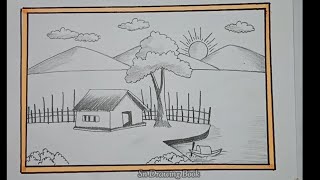 Kids landscape drawing with pencil  How to draw easy village scenery for beginners [upl. by Aney]