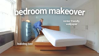 Renter friendly bedroom makeover  DIY furniture decorating peel amp stick wallpaper [upl. by Thekla]