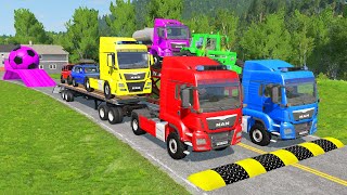 Flatbed Trailer Cars Transportation with Truck  Speedbumps vs Cars vs Train  BeamNGDrive [upl. by Newkirk]