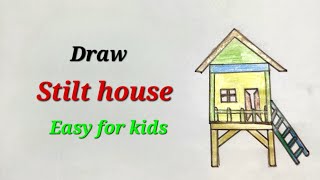 Stilt house drawing easy Pile dwelling Lake dwelling  draw stilt house for EVS step by step [upl. by Estevan]