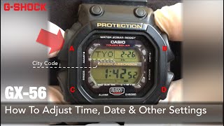 CASIO GShock GX56 How to Adjust Time Date City Code DST Illumination Power Saving Tutorial [upl. by Neleb760]