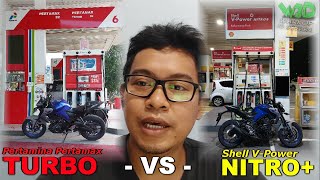 KOMPARASI  Pengalaman Pribadi Pakai Shell V Power NITRO vs Pertamax TURBO di Yamaha MT25 [upl. by Kcir]